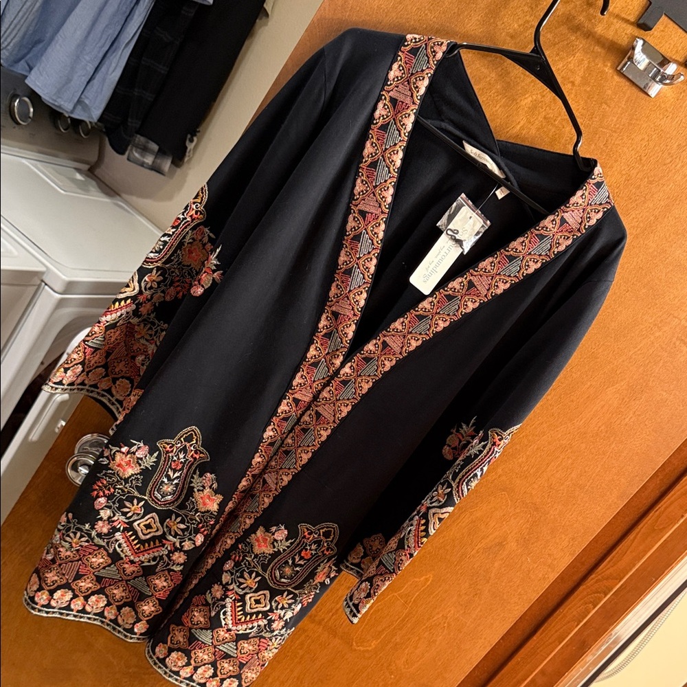 Soft Surroundings Black Kimono with Red and Orange Embroidery